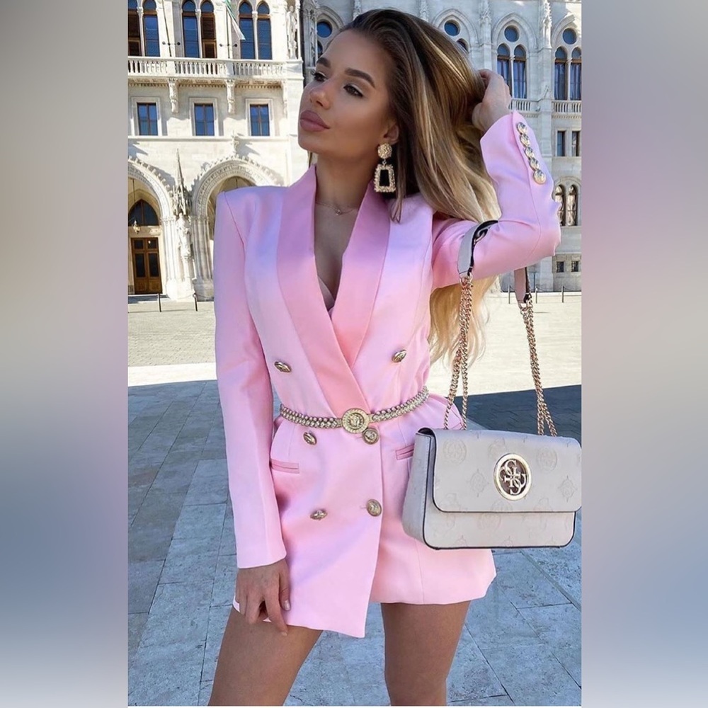 Chic Pink Blazer with Gold Details